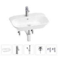 Раковина для ванной Wellsee Eclatant 201005391 в наборе 5 в 1: раковина белого глянцевого цвета, смеситель, сифон, донный клапан, угловые вентили (цвет набора хром)