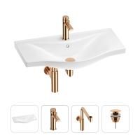 Раковина для ванной Wellsee Bisou 201003699 в наборе 4 в 1: раковина белого глянцевого цвета, смеситель, сифон, донный клапан (цвет набора розовое золото)