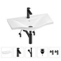 Раковина для ванной Wellsee Bisou 201005307 в наборе 5 в 1: раковина белого глянцевого цвета, смеситель, сифон, донный клапан, угловые вентили (цвет набора матовый черный)