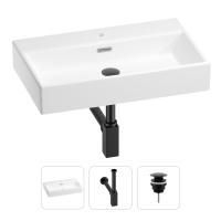 Раковина для ванной Wellsee Graceful Pro 201001357 в наборе 3 в 1: прямоугольная раковина белого глянцевого цвета, сифон, донный клапан в цвете матовый черный