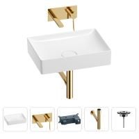 Раковина для ванной Wellsee Pure BY Wellsee 201002658 в наборе 4 в 1: раковина белого глянцевого цвета, встраиваемый смеситель, сифон, выпуск (цвет набора золото)