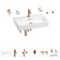Раковина для ванной Wellsee Graceful Pro 201006749 в наборе 9 в 1: раковина белого глянцевого цвета, смеситель, сифон, донный клапан, угловые вентили, аксессуары (цвет набора розовое золото)