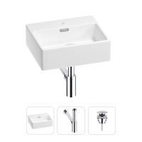 Раковина для ванной Wellsee Graceful Pro 201001301 в наборе 3 в 1: прямоугольная раковина белого глянцевого цвета, сифон, донный клапан в цвете хром