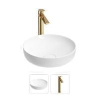 Раковина для ванной Wellsee Chalice Perfection 201000673 в наборе 2 в 1: круглая раковина белого глянцевого цвета, высокий смеситель в цвете золото