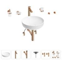 Раковина для ванной Wellsee Chalice Perfection 201006169 в наборе 9 в 1: раковина белого глянцевого цвета, высокий смеситель, сифон, выпуск, угловые вентили, аксессуары (цвет розовое золото)