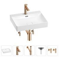 Раковина для ванной Wellsee DeSire 201005479 в наборе 5 в 1: раковина белого глянцевого цвета, смеситель, сифон, выпуск, угловые вентили (цвет набора розовое золото)