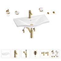 Раковина для ванной Wellsee Bisou 201007388 в наборе 9 в 1: раковина белого глянцевого цвета, смеситель, сифон, донный клапан, угловые вентили, аксессуары (цвет набора золото)
