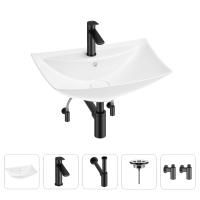 Раковина для ванной Wellsee Cerulean 201004677 в наборе 5 в 1: раковина белого глянцевого цвета, смеситель, сифон, выпуск, угловые вентили (цвет набора матовый черный)