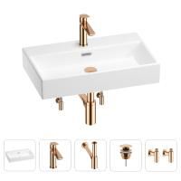 Раковина для ванной Wellsee Graceful Pro 201004629 в наборе 5 в 1: раковина белого глянцевого цвета, смеситель, сифон, донный клапан, угловые вентили (цвет набора розовое золото)