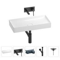 Раковина для ванной Wellsee Pure BY Wellsee 201002777 в наборе 4 в 1: раковина белого глянцевого цвета, встраиваемый смеситель, сифон, выпуск (цвет набора матовый черный)