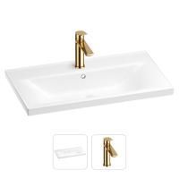 Раковина для ванной Wellsee FreeDom 201000858 в наборе 2 в 1: прямоугольная раковина белого глянцевого цвета, смеситель в цвете золото