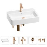 Раковина для ванной Wellsee Halcyon 201004524 в наборе 5 в 1: раковина белого глянцевого цвета, смеситель, сифон, донный клапан, угловые вентили (цвет набора розовое золото)