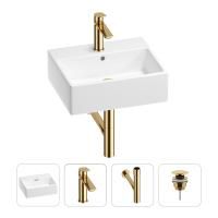 Раковина для ванной Wellsee Graceful Pro 201002923 в наборе 4 в 1: раковина белого глянцевого цвета, смеситель, сифон, донный клапан (цвет набора золото)