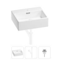 Раковина для ванной Wellsee Graceful Pro 201001320 в наборе 3 в 1: прямоугольная раковина белого глянцевого цвета, сифон, донный клапан в цвете матовый белый