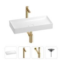 Раковина для ванной Wellsee Pure BY Wellsee 201002703 в наборе 4 в 1: раковина белого глянцевого цвета, высокий смеситель, сифон, выпуск (цвет набора золото)