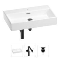 Раковина для ванной Wellsee Graceful Pro 201001372 в наборе 3 в 1: прямоугольная раковина белого глянцевого цвета, сифон, донный клапан в цвете матовый черный