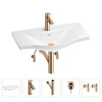 Раковина для ванной Wellsee Bisou 201005299 в наборе 5 в 1: раковина белого глянцевого цвета, смеситель, сифон, донный клапан, угловые вентили (цвет набора розовое золото)