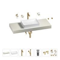 Раковина 50 см со столешницей 120 см Wellsee Pure BY Wellsee 201011313 в наборе 10 в 1: столешница, раковина, высокий смеситель, сифон, выпуск, кран-вентили, аксессуары (цвет золото)