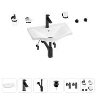Раковина для ванной Wellsee Bisou 201007162 в наборе 9 в 1: раковина белого глянцевого цвета, смеситель, сифон, донный клапан, угловые вентили, аксессуары (цвет набора матовый черный)