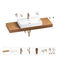Раковина 70 см со столешницей 140 см Wellsee Graceful Pro 201012779 в наборе 10 в 1: столешница, раковина, смеситель, сифон, донный клапан, угловые вентили, аксессуары (цвет розовое золото)