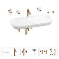 Раковина для ванной Wellsee Croquis 201005814 в наборе 9 в 1: раковина белого глянцевого цвета, высокий смеситель, сифон, выпуск, угловые вентили, аксессуары (цвет розовое золото)