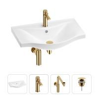 Раковина для ванной Wellsee Bisou 201003598 в наборе 4 в 1: раковина белого глянцевого цвета, смеситель, сифон, донный клапан (цвет набора золото)