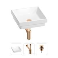 Раковина для ванной Wellsee Doux 201001104 в наборе 3 в 1: квадратная раковина белого глянцевого цвета, сифон, донный клапан в цвете розовое золото
