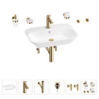 Раковина для ванной Wellsee Eclatant 201007473 в наборе 9 в 1: раковина белого глянцевого цвета, смеситель, сифон, донный клапан, угловые вентили, аксессуары (цвет набора золото)