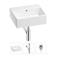 Раковина для ванной Wellsee Graceful Pro 201001341 в наборе 3 в 1: прямоугольная раковина белого глянцевого цвета, сифон, донный клапан в цвете хром