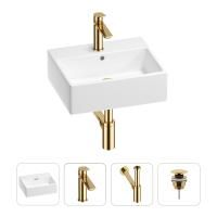 Раковина для ванной Wellsee Graceful Pro 201002903 в наборе 4 в 1: раковина белого глянцевого цвета, смеситель, сифон, донный клапан (цвет набора золото)