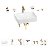 Раковина для ванной Wellsee Pure BY Wellsee 201006354 в наборе 9 в 1: раковина белого глянцевого цвета, высокий смеситель, сифон, выпуск, угловые вентили, аксессуары (цвет розовое золото)