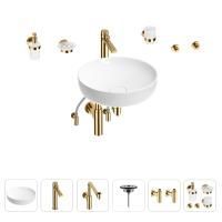 Раковина для ванной Wellsee Chalice Perfection 201006213 в наборе 9 в 1: раковина белого глянцевого цвета, высокий смеситель, сифон, выпуск, угловые вентили, аксессуары (цвет золото)