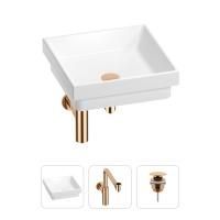 Раковина для ванной Wellsee Doux 201001124 в наборе 3 в 1: квадратная раковина белого глянцевого цвета, сифон, донный клапан в цвете розовое золото