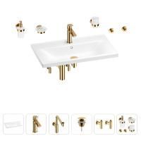 Раковина для ванной Wellsee FreeDom 201007093 в наборе 9 в 1: раковина белого глянцевого цвета, смеситель, сифон, донный клапан, угловые вентили, аксессуары (цвет набора золото)