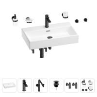 Раковина для ванной Wellsee Graceful Pro 201006747 в наборе 9 в 1: раковина белого глянцевого цвета, смеситель, сифон, донный клапан, угловые вентили, аксессуары (цвет набора матовый черный)