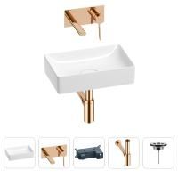 Раковина для ванной Wellsee Pure BY Wellsee 201002539 в наборе 4 в 1: раковина белого глянцевого цвета, встраиваемый смеситель, сифон, выпуск (цвет набора розовое золото)