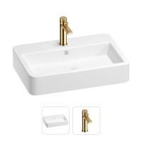 Раковина для ванной Wellsee Halcyon 201000763 в наборе 2 в 1: прямоугольная раковина белого глянцевого цвета, смеситель в цвете золото