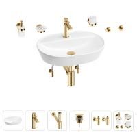 Раковина для ванной Wellsee Calin 201005583 в наборе 9 в 1: раковина белого глянцевого цвета, смеситель, сифон, донный клапан, угловые вентили, аксессуары (цвет набора золото)