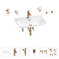 Раковина для ванной Wellsee Eclatant 2.0 201007524 в наборе 9 в 1: раковина белого глянцевого цвета, смеситель, сифон, донный клапан, угловые вентили, аксессуары (цвет набора розовое золото)