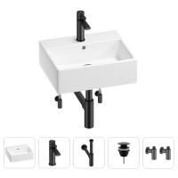 Раковина для ванной Wellsee Graceful Pro 201004612 в наборе 5 в 1: раковина белого глянцевого цвета, смеситель, сифон, донный клапан, угловые вентили (цвет набора матовый черный)