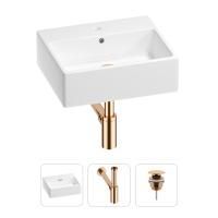 Раковина для ванной Wellsee Graceful Pro 201001329 в наборе 3 в 1: прямоугольная раковина белого глянцевого цвета, сифон, донный клапан в цвете розовое золото