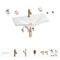 Раковина для ванной Wellsee Bisou 201007414 в наборе 9 в 1: раковина белого глянцевого цвета, смеситель, сифон, донный клапан, угловые вентили, аксессуары (цвет набора розовое золото)