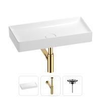 Раковина для ванной Wellsee Pure BY Wellsee 201001268 в наборе 3 в 1: прямоугольная раковина белого глянцевого цвета, сифон, выпуск в цвете золото