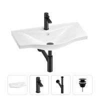 Раковина для ванной Wellsee Bisou 201003637 в наборе 4 в 1: раковина белого глянцевого цвета, смеситель, сифон, донный клапан (цвет набора матовый черный)