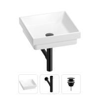 Раковина для ванной Wellsee Doux 201001112 в наборе 3 в 1: квадратная раковина белого глянцевого цвета, сифон, донный клапан в цвете матовый черный