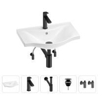 Раковина для ванной Wellsee Bisou 201005127 в наборе 5 в 1: раковина белого глянцевого цвета, смеситель, сифон, донный клапан, угловые вентили (цвет набора матовый черный)