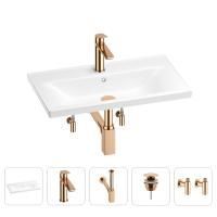 Раковина для ванной Wellsee FreeDom 201004939 в наборе 5 в 1: раковина белого глянцевого цвета, смеситель, сифон, донный клапан, угловые вентили (цвет набора розовое золото)