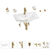 Раковина для ванной Wellsee Bisou 201007208 в наборе 9 в 1: раковина белого глянцевого цвета, смеситель, сифон, донный клапан, угловые вентили, аксессуары (цвет набора золото)