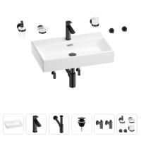 Раковина для ванной Wellsee Graceful Pro 201006702 в наборе 9 в 1: раковина белого глянцевого цвета, смеситель, сифон, донный клапан, угловые вентили, аксессуары (цвет набора матовый черный)