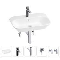 Раковина для ванной Wellsee Eclatant 201005396 в наборе 5 в 1: раковина белого глянцевого цвета, смеситель, сифон, донный клапан, угловые вентили (цвет набора хром)